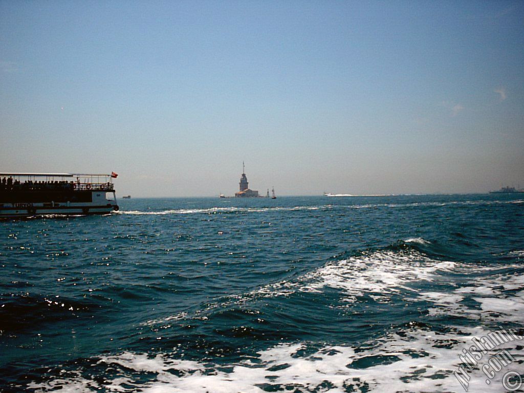 View of Kiz Kulesi (Maiden`s Tower) from the Bosphorus in Istanbul city of Turkey.
